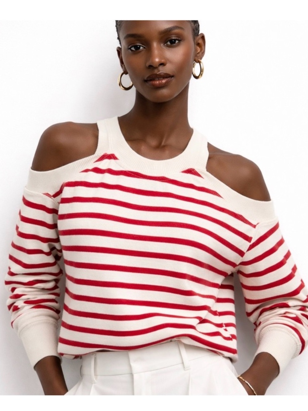 Zara Cold-Shoulder Red & Cream Striped Top